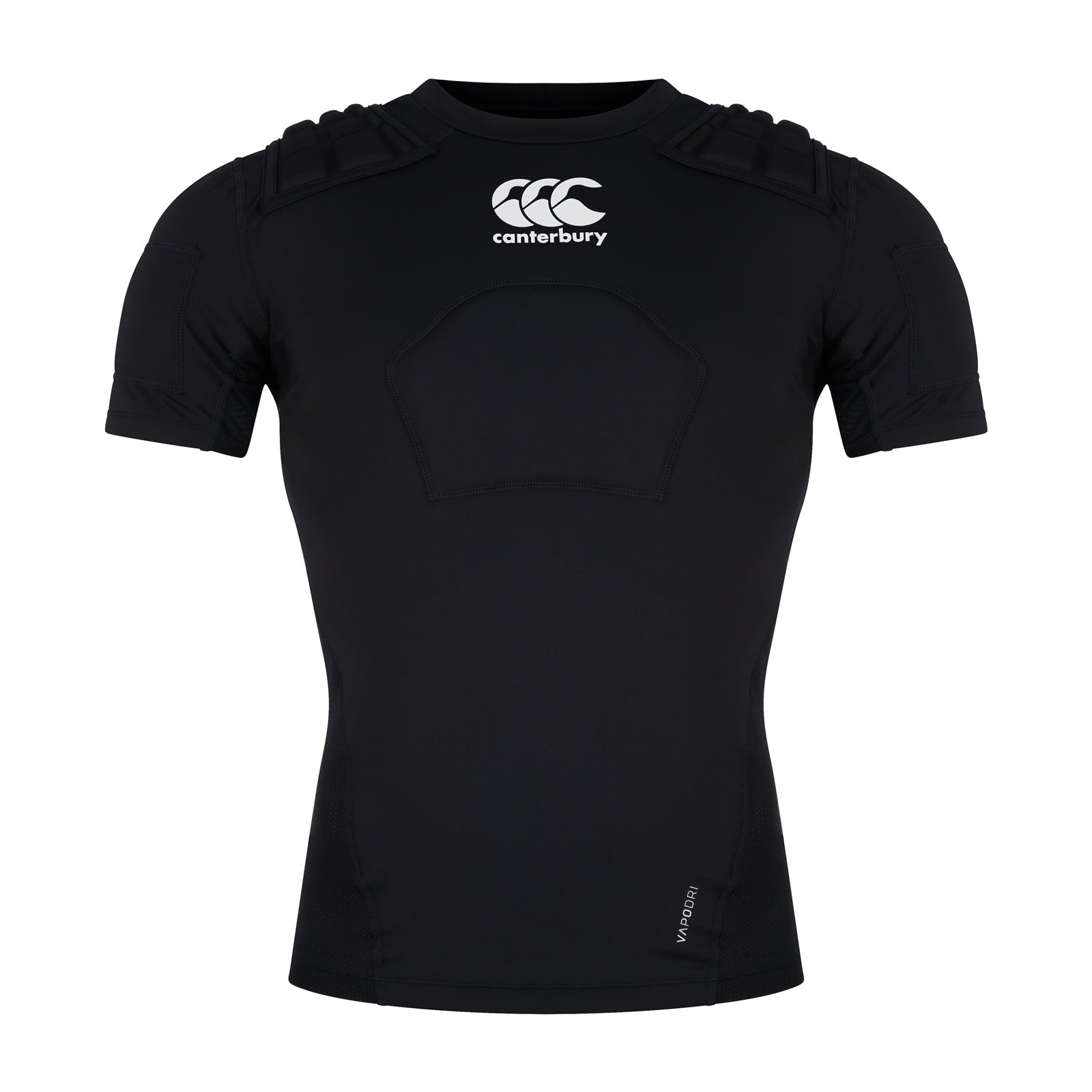 Black and white Canterbury rugby protection vest with padded shoulder and chest coverage, designed for secure fit and comfort.