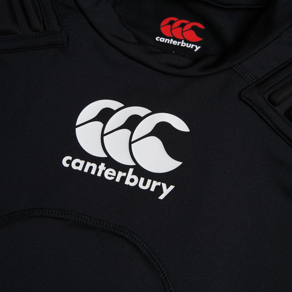 Black and white Canterbury Pro Protection Vest for rugby, showing padded protective gear and adjustable straps.
