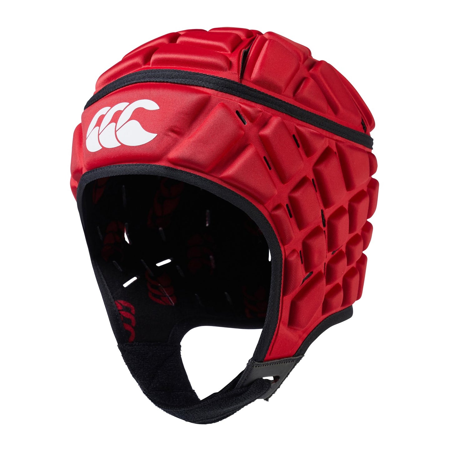 Canterbury Raze rugby headguard in black, featuring padded protection and adjustable straps for a secure fit during matches.