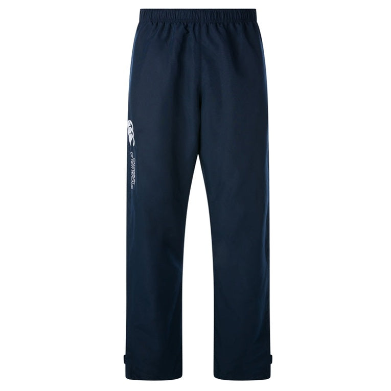 Canterbury rugby open hem stadium pants shown in black with Canterbury logo, featuring relaxed fit and open hem design.