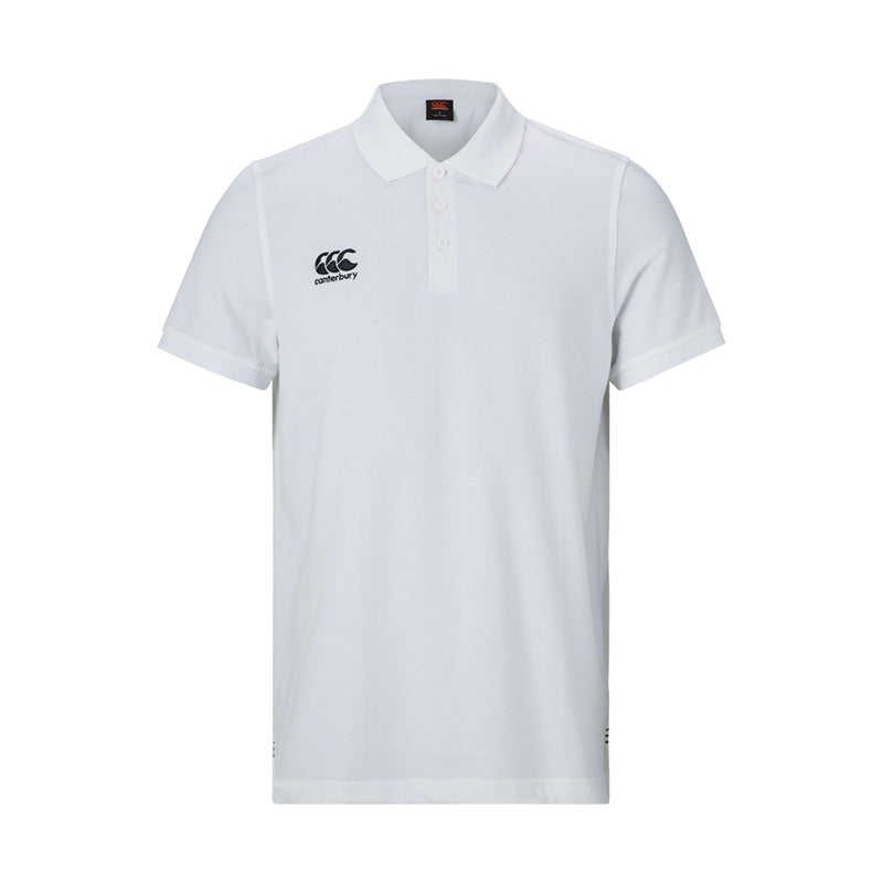 Canterbury Waimak rugby polo shirt in navy with white collar, featuring Canterbury branding and a classic rugby style.