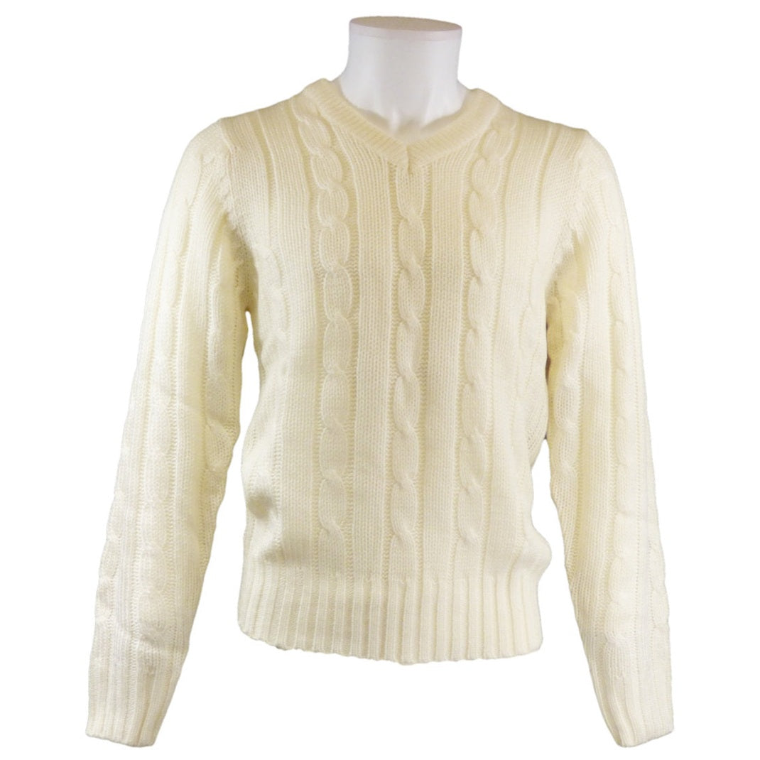 Cartasport cable knit cricket sweater, blue with ribbed collar and cuffs, designed for comfort and style in cricket attire.