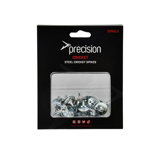 Precision Steel Cricket Spikes for sporting goods, showing a close-up of the single spike with metal tips and grip details.