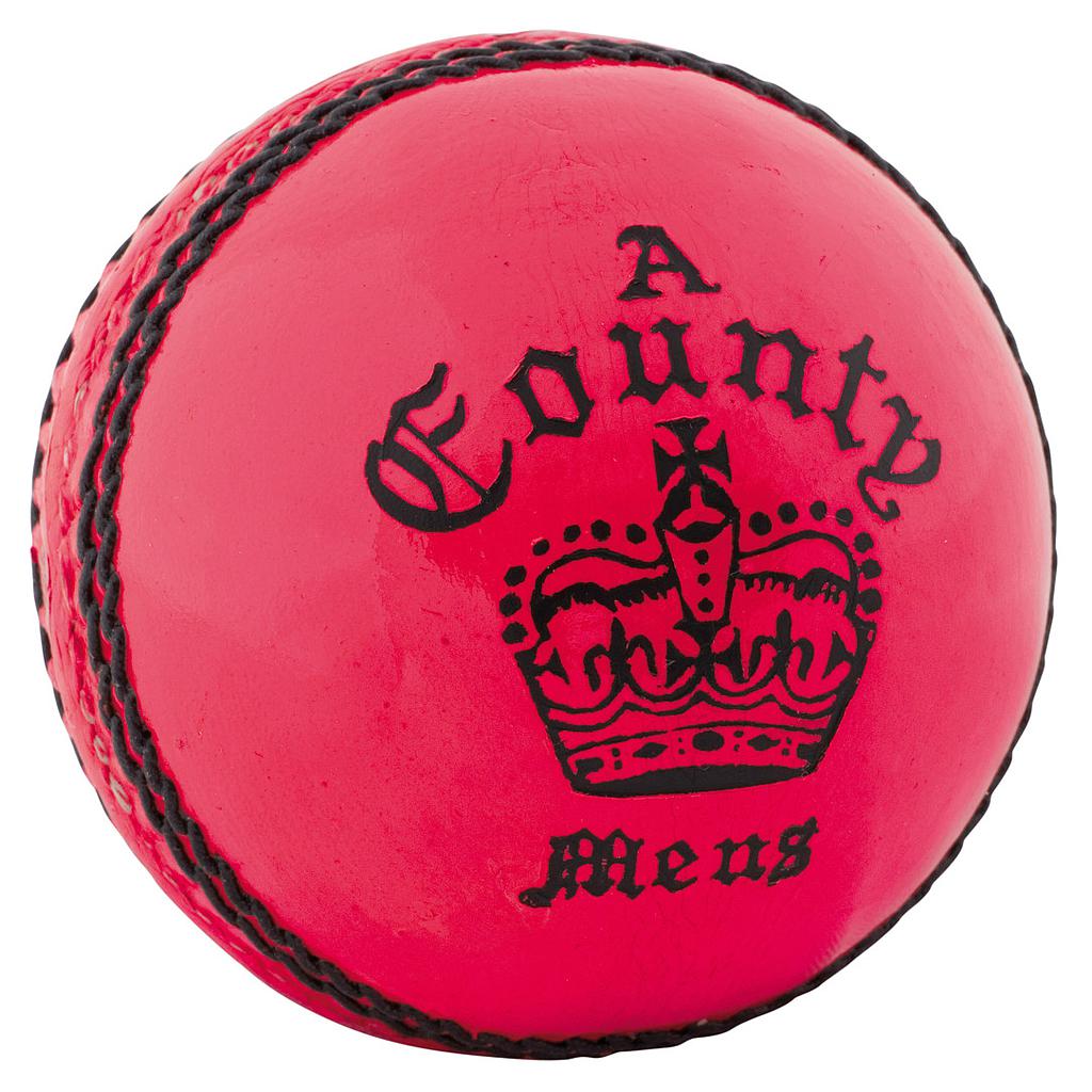 Readers County Crown cricket ball for sporting goods, featuring a white leather surface with red stitching and branding.
