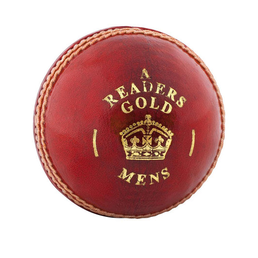 Readers Gold 'A' cricket ball for sporting goods, featuring a polished finish and official branding, ideal for cricket matches.