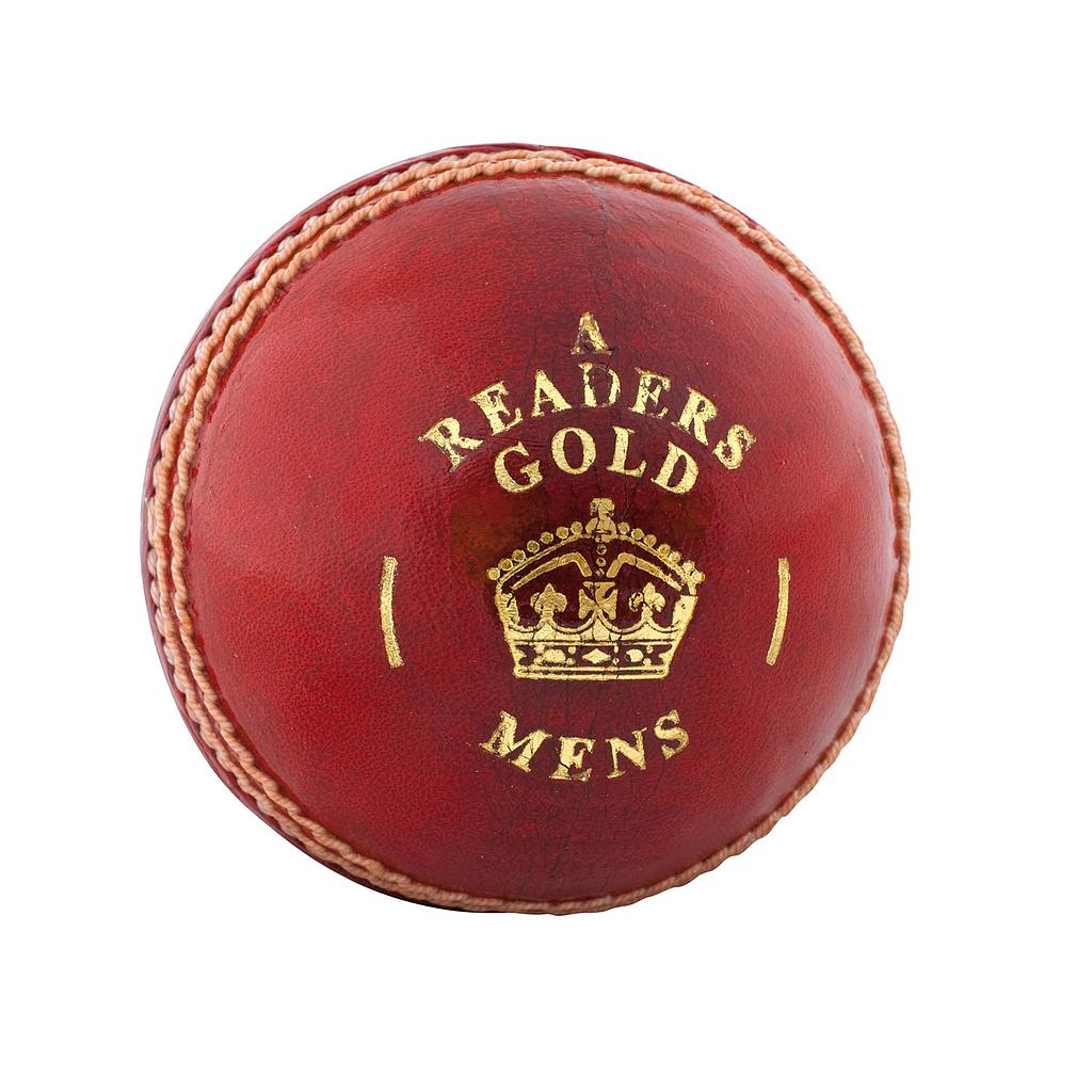Readers Gold 'A' cricket ball for sporting goods, showing a close-up of the shiny, gold-embossed leather cricket ball.