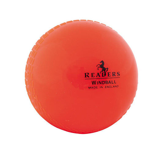 Readers Windball Training Cricket Ball for practicing cricket, shown in close-up with detailed stitching and branding.