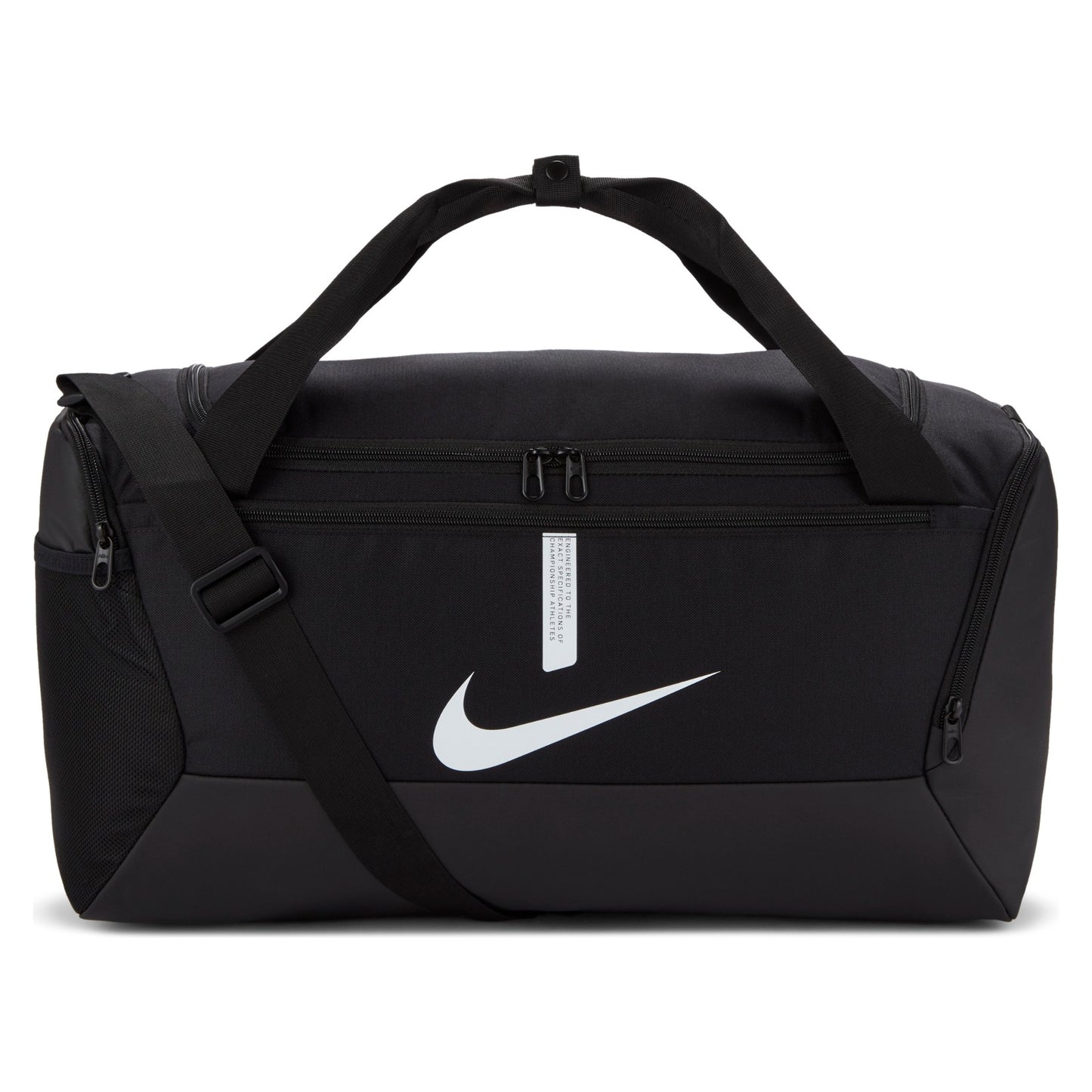Nike Academy Team Duffel Bag in black with multiple compartments, ideal for sports training and athletic gear storage.