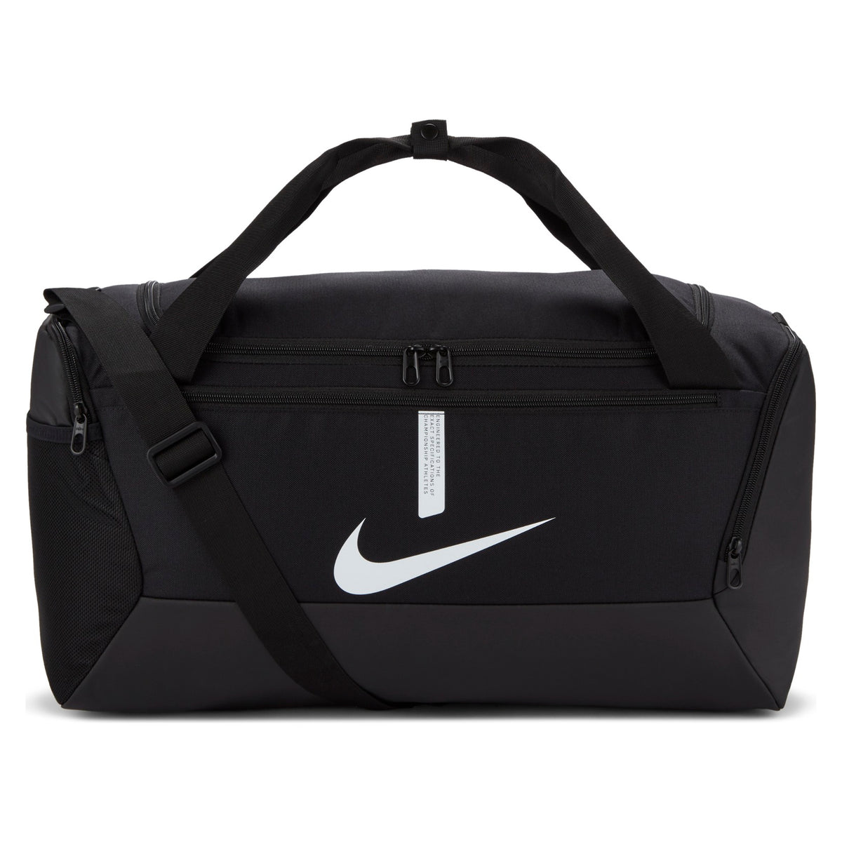 Nike Academy Team Duffel Bag in black with handles and zippered compartments, ideal for sports training and gym gear.