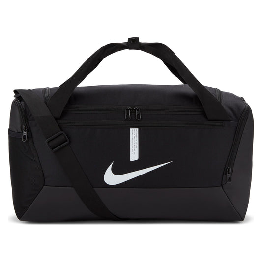 Nike Academy Team Duffel Bag in black with handles and zippered compartments, ideal for sports training and gym gear.