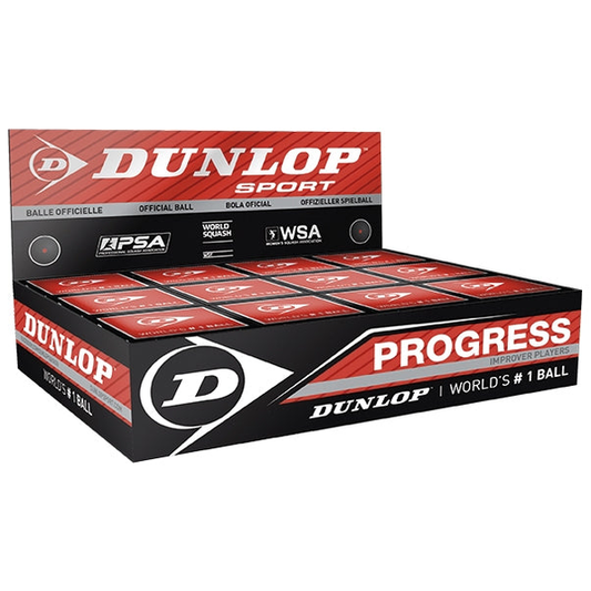 Dunlop Progress squash ball in a box of 12, sporting goods, showing the yellow squash ball with brand logo and packaging.