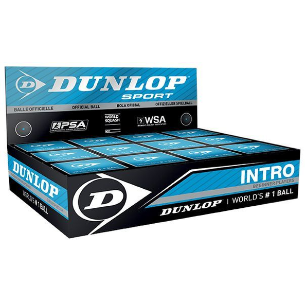 Dunlop Intro squash ball in a box of 12, sporting goods, showing a standard squash ball with Dunlop branding and packaging.