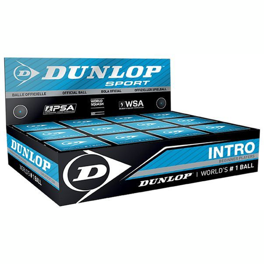 Dunlop Intro squash ball in a box of 12, sporting goods, shown on white background with packaging details visible.