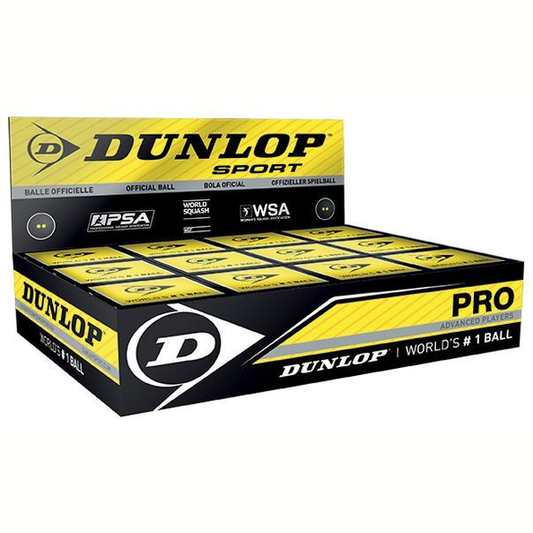 Dunlop Pro Squash Balls in a 12-pack, sporting goods, showing close-up of white squash balls with Dunlop branding.