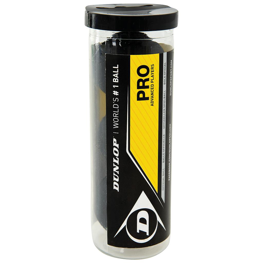 Dunlop Pro Squash Balls in a 3-ball tube, sporting goods for squash players, with bright yellow balls and packaging.