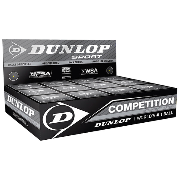 Dunlop Competition squash ball in a box of 12, sporting goods, with the Dunlop logo and squash ball design visible.
