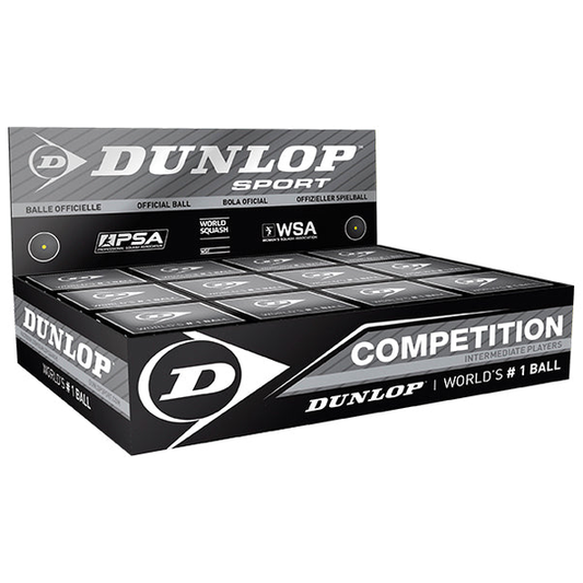 Dunlop Competition squash ball in a box of 12, sporting goods, with the Dunlop logo and squash ball design visible.