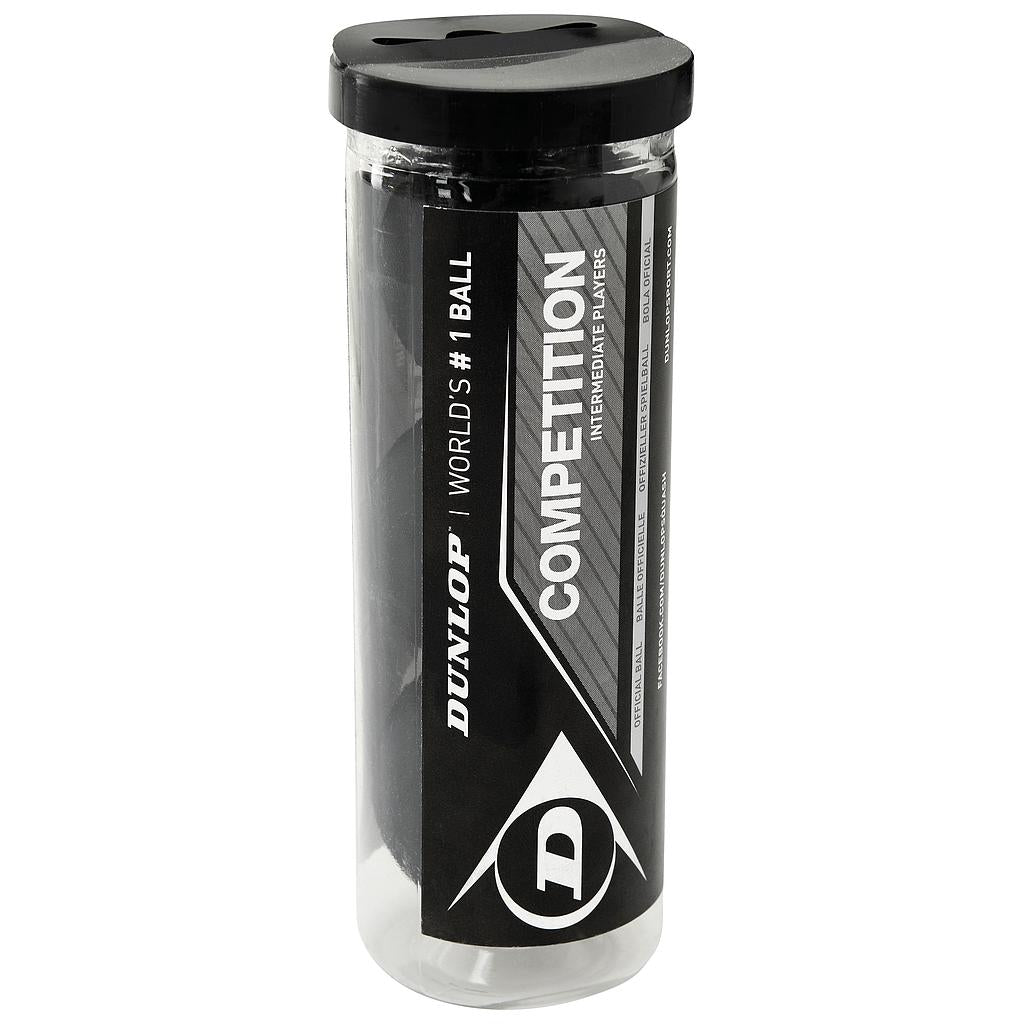Dunlop Competition Squash Balls in a 3-ball tube, sporting goods, featuring the Dunlop brand logo and squash ball packaging.