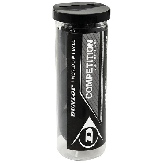 Dunlop Competition Squash Balls in a 3-ball tube, sporting goods, featuring the Dunlop brand logo and squash ball packaging.