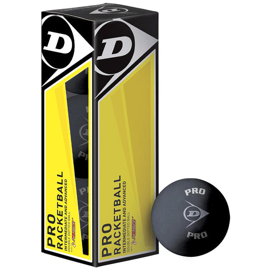 Dunlop Pro Racketball Balls in a box of three, sporting goods, with bright yellow and black design, ready for racketball play.