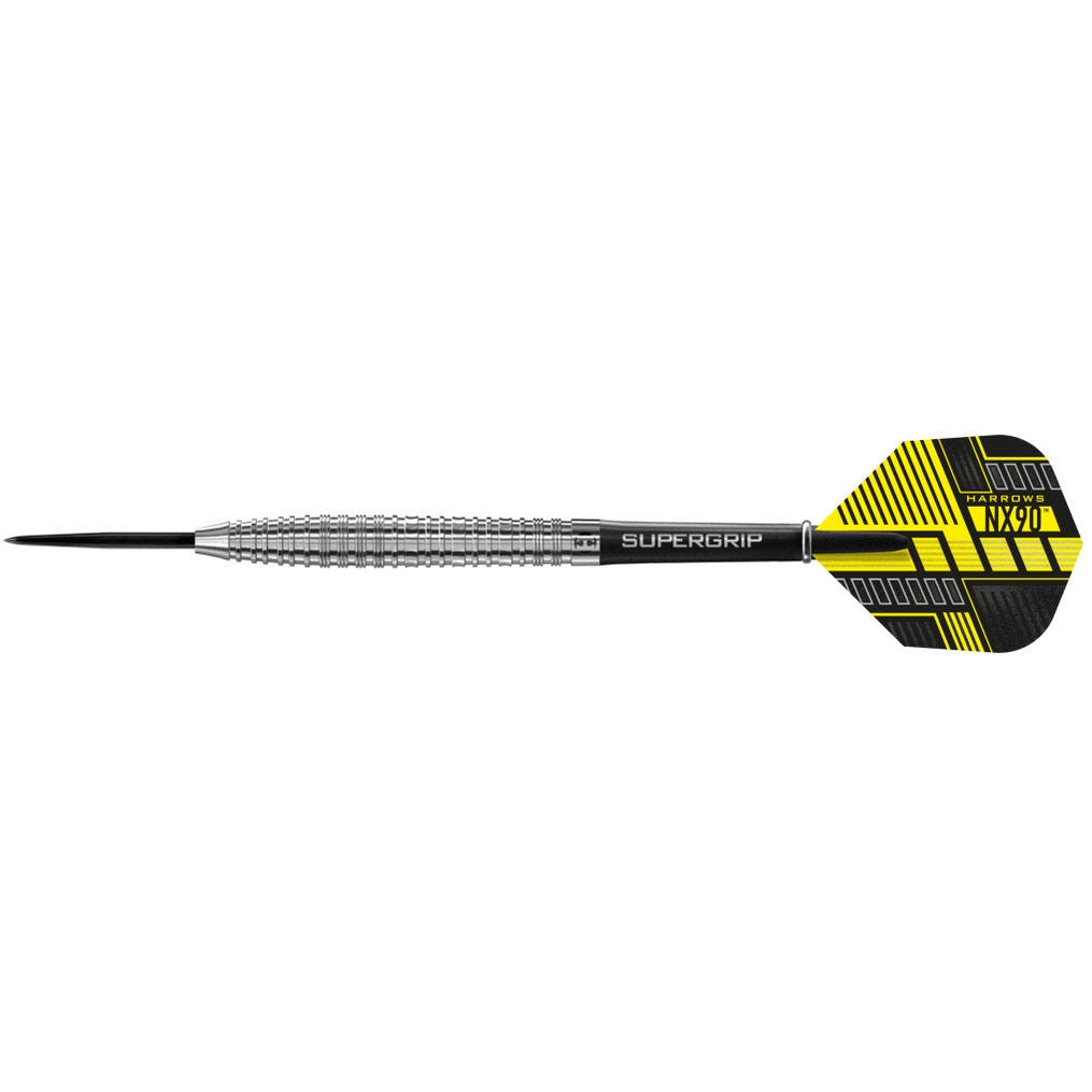 Harrows NX90 tungsten darts with sleek black and silver design, featuring detailed grip and pointed tips for precision playing.