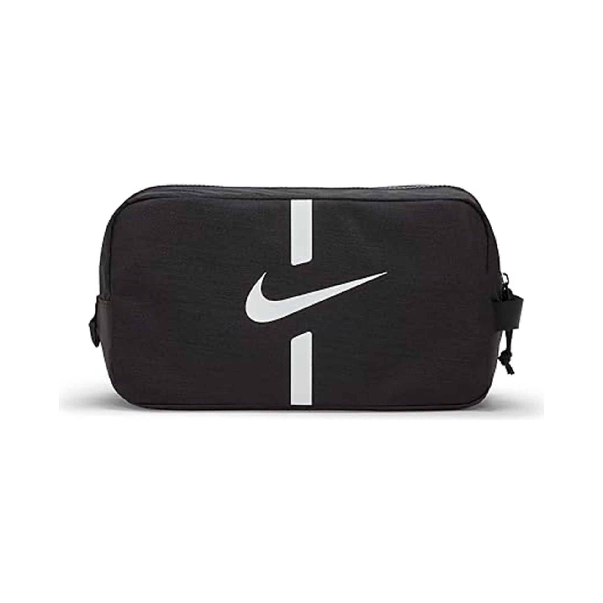 Nike Academy football shoe bag in black with Nike logo and adjustable strap, designed for carrying football boots and sporting gear.