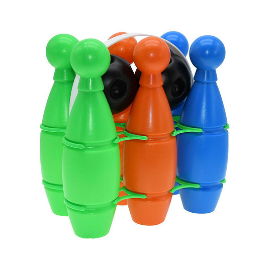 Multi-colour plastic bowling set with 6 skittles and balls, ideal for outdoor sporting activities by Pre-Sport
