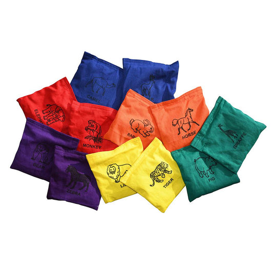 Set of 12 animal-shaped bean bags for sports and games by Pre-Sport, featuring colorful plush animal designs.