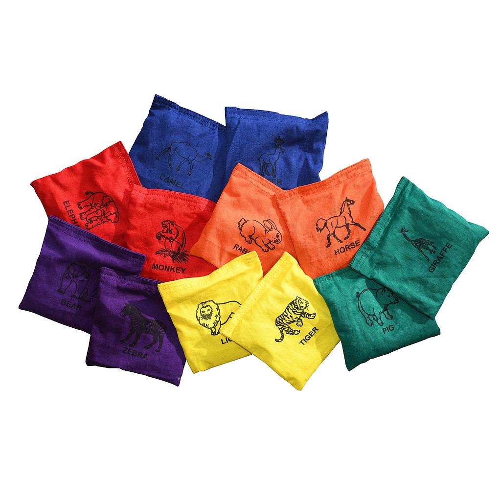 Colorful animal-shaped bean bags from Pre-Sport, ideal for sports and outdoor activities, shown in a pack of 12.