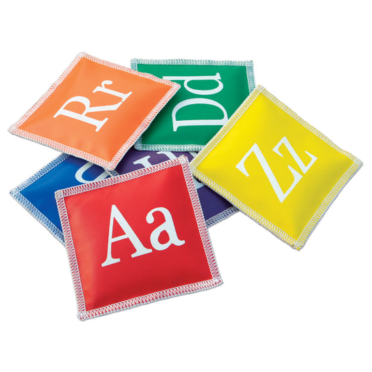 Colorful alphabet bean bags from Pre-Sport, each featuring a different letter of the alphabet, ideal for educational games and activities.