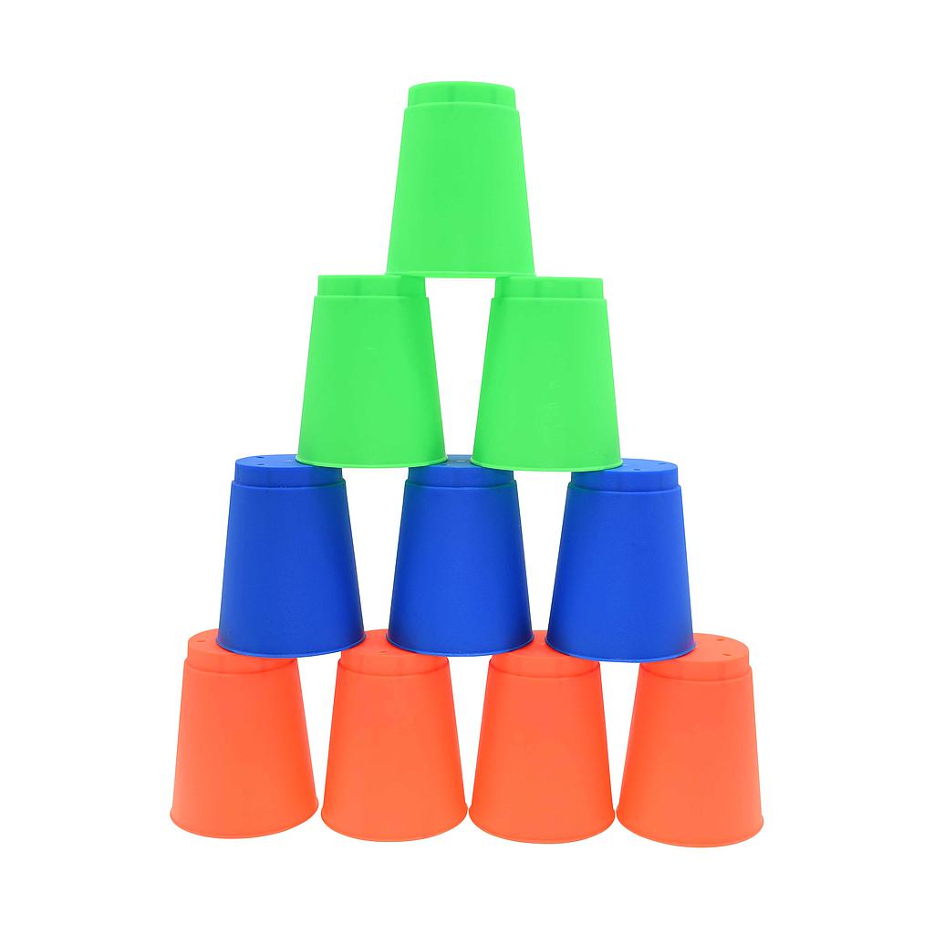 Pre-Sport stacking cups set of 12, colorful plastic sports training cups stacked in a pyramid for fitness and agility exercises.