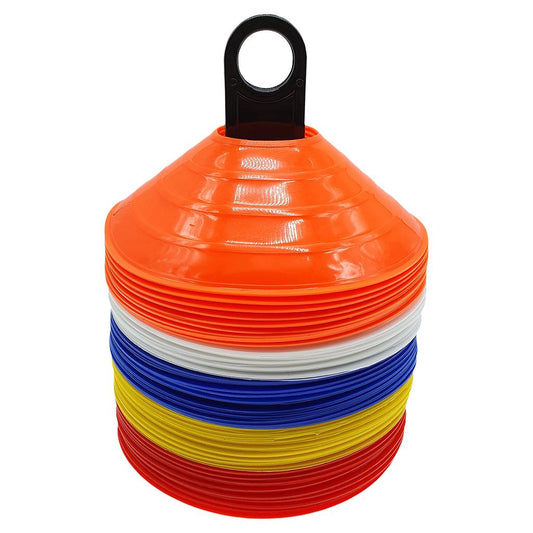 Set of 50 flexible plastic essential saucer cones from Pre-Sport, 200mm, used for sports training and agility drills.