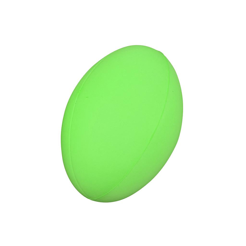 Uncoated foam rugby ball by Pre-Sport with white and green panels, designed for safe, lightweight sports play and training.
