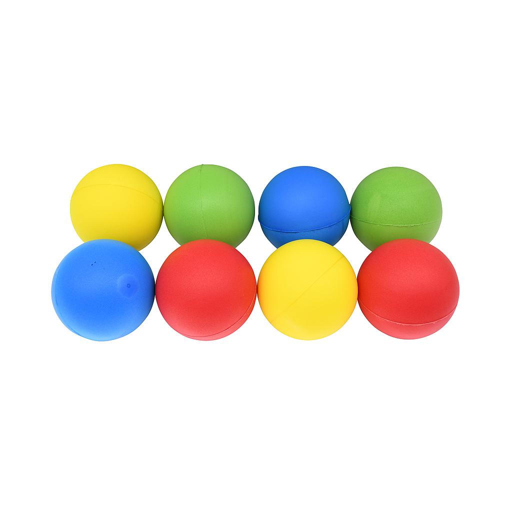 Set of 8 uncoated foam balls for sports and recreational activities, by Pre-Sport, showing colorful lightweight foam balls.