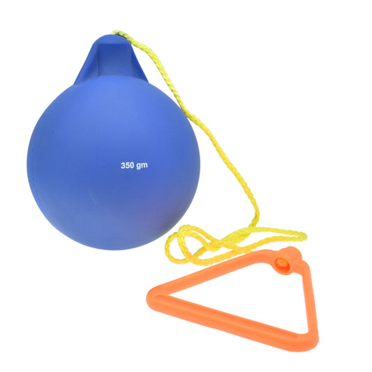 Elementary Practice Throwing Hammer by Pre-Sport, soft vinyl with 0.35-0.5kg weight, shown in a bright training setting.