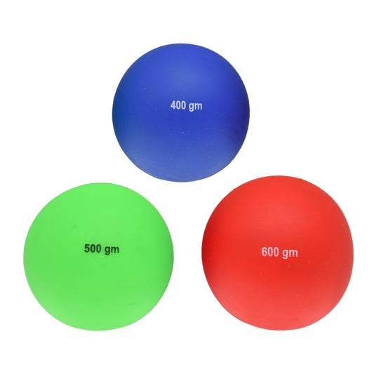 Pre-Sport elementary shotput training weight in soft PVC, 0.4-0.6kg, shown in a sporting goods image with a smooth surface and rounded shape.