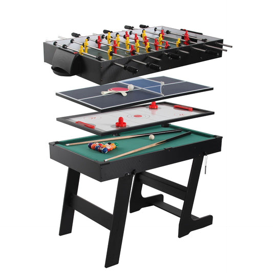 Foldable Evo-X 4 in 1 Multi Sport Games Table featuring multiple game surfaces and a compact design for indoor sports fun.