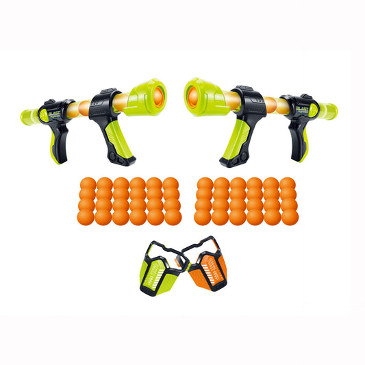 Evo-X Pop-Strike Gun Set in bright colors, featuring realistic toy guns and accessories for active outdoor play.