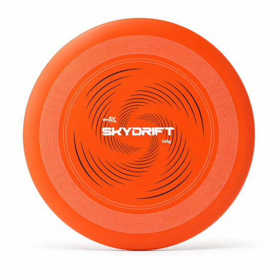 Evo-X SkyDrift 145g flying disc showing a blue plastic disc with aerodynamic design for outdoor sports and flying fun.