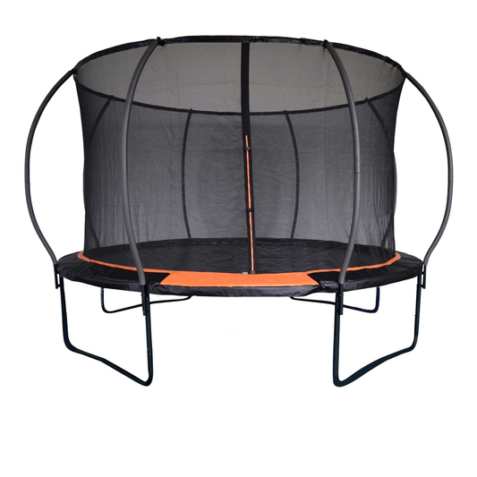 Evo-X trampoline with safety zip netted enclosure, showing the round jumping surface and protective safety net for outdoor fun.