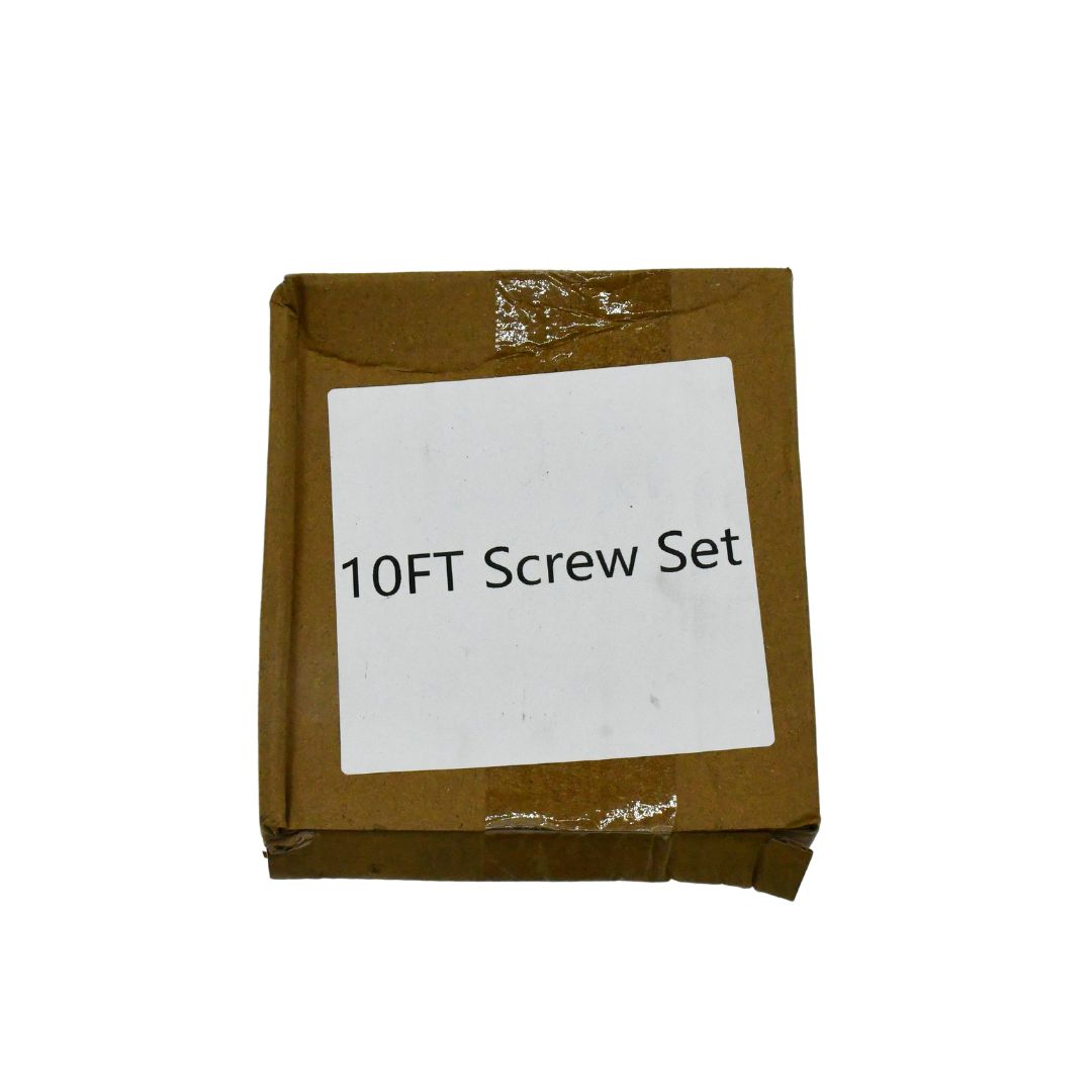 Evo-X trampoline spare screw box containing assorted screws for trampoline assembly and repair, in a clear plastic container.