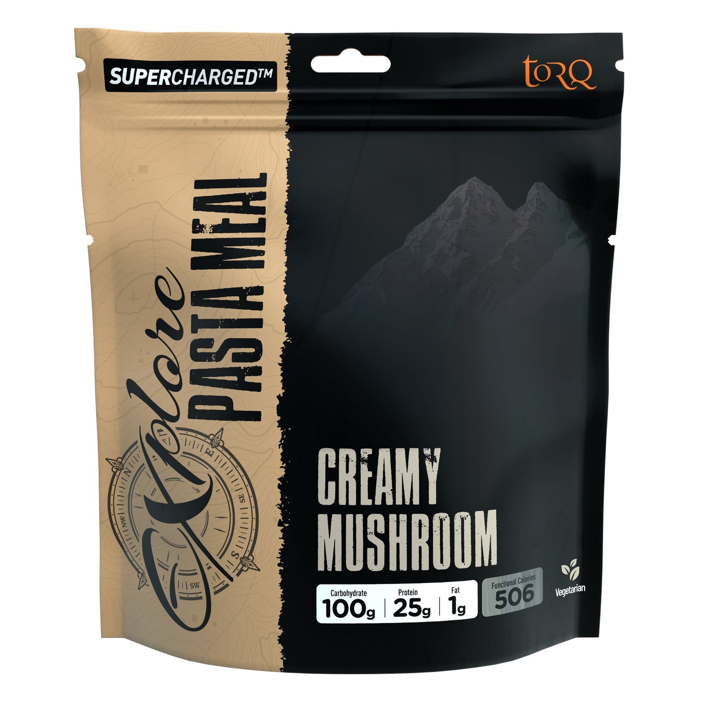 Torq Explore Pasta Meal packaging, ready for sports nutrition, with colorful label and product details visible.