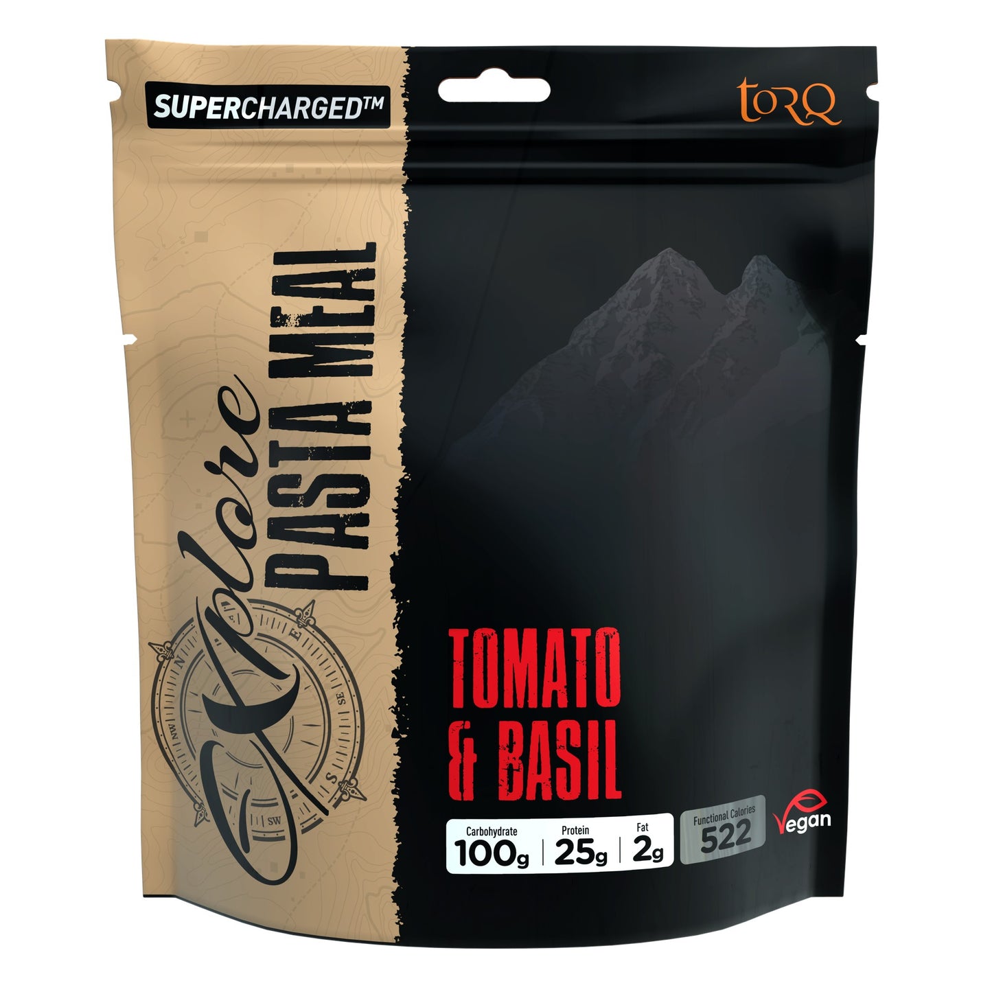 Torq Explore Pasta Meal package showing nutritional information and branding, designed for active and sporting pursuits.