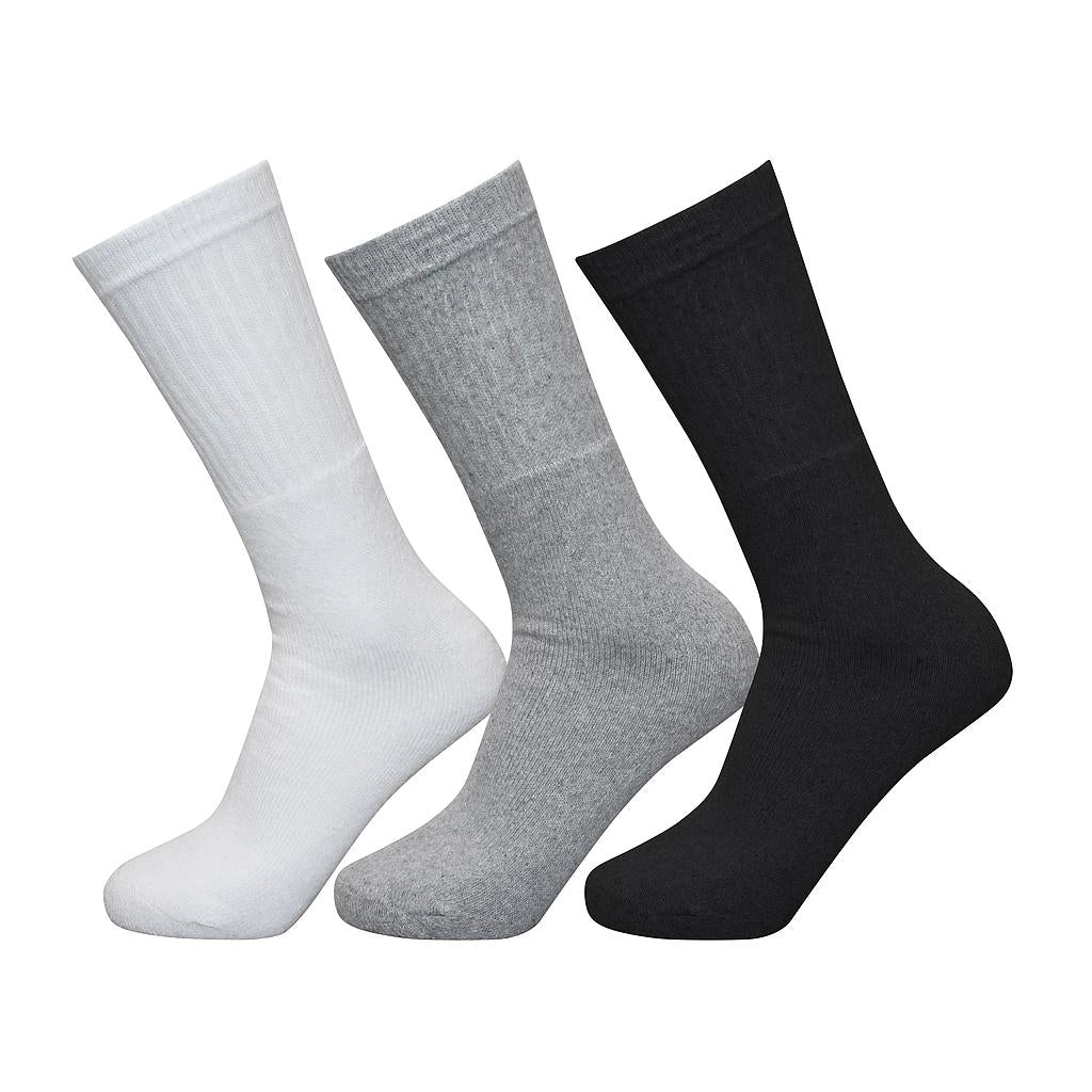 Exceptio junior multi-sport crew socks in white, black, and gray, shown in a 3-pack for kids' athletic activities.