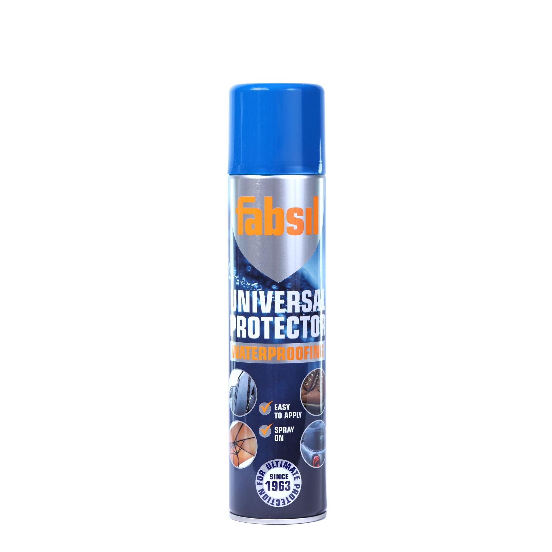 Fabsil Universal Protector Waterproofing Spray bottle for outdoor gear, sporting goods, with a spray nozzle and label visible.