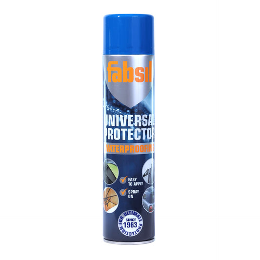 Fabsil Universal Protector Waterproofing Spray in a spray bottle, ideal for waterproofing outdoor gear and fabrics.