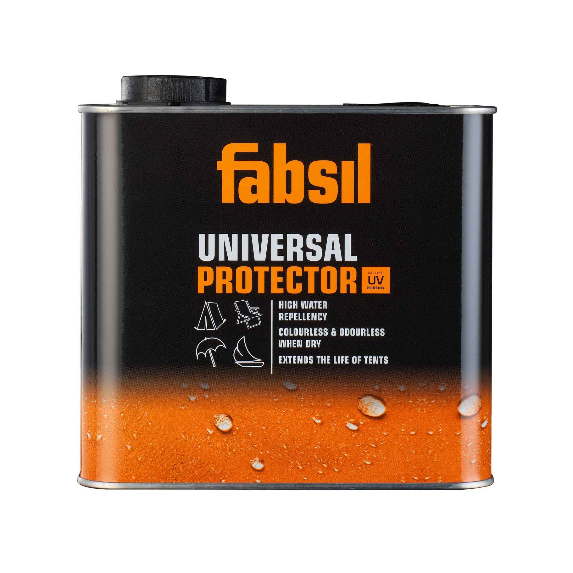 Fabsil Universal Protector UV waterproofing treatment bottle for outdoor gear and sporting goods, UV protection visible label.