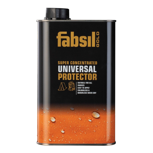 Fabsil Gold Universal Protector spray for outdoor gear and fabrics, shown in the image with its packaging and application nozzle.