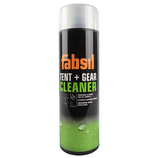 Fabsil Universal Cleaner for sporting goods, shown in a container with a spray nozzle, used for cleaning outdoor gear.