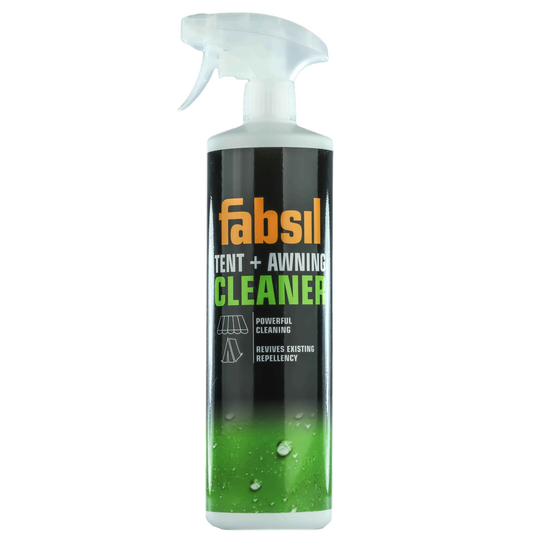 Fabsil Tent & Awning Cleaner bottle from Sporting Goods, with label showing product details and cleaning solution inside